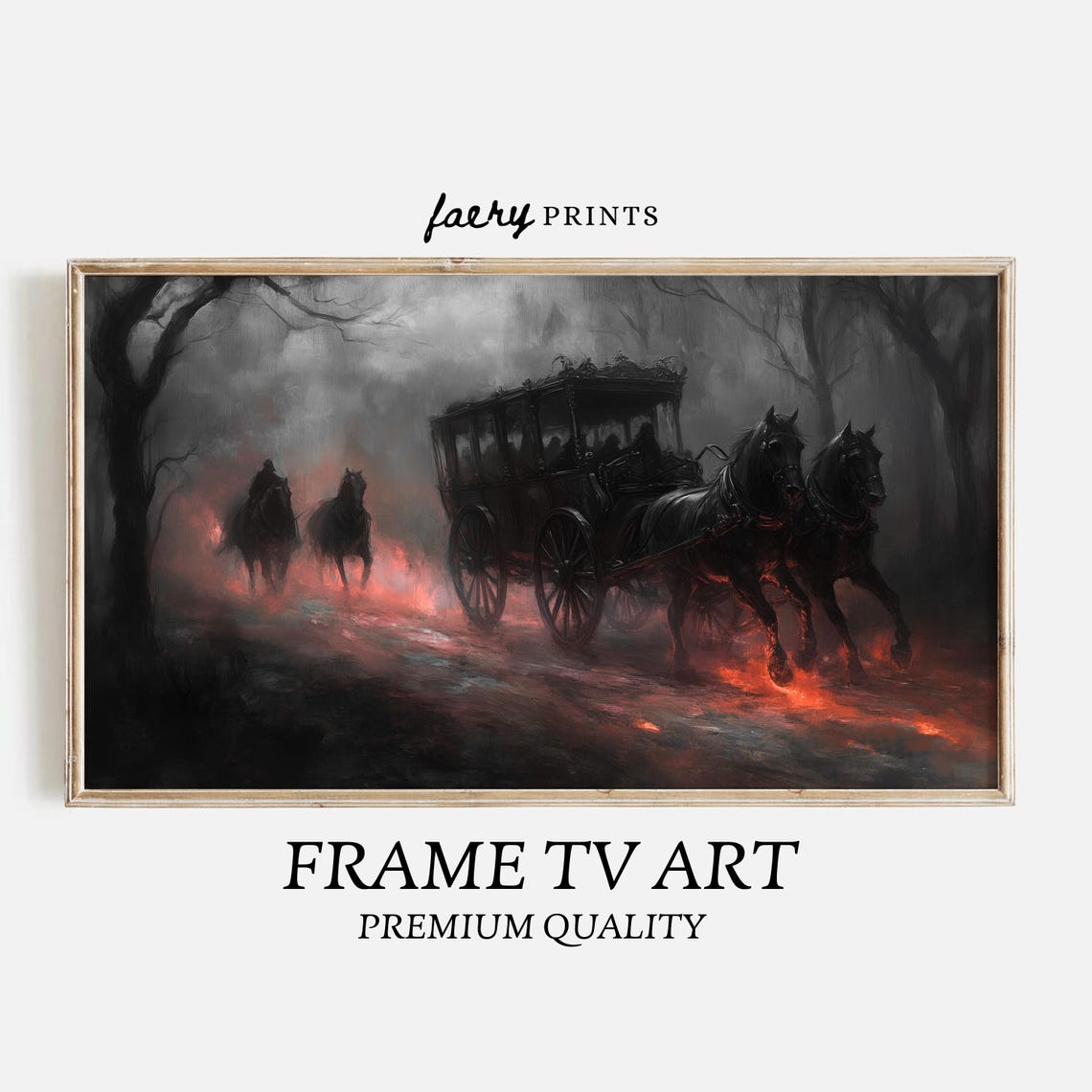 Spooky Black Horse Carriage Galloping Through Haunted Forest Poster