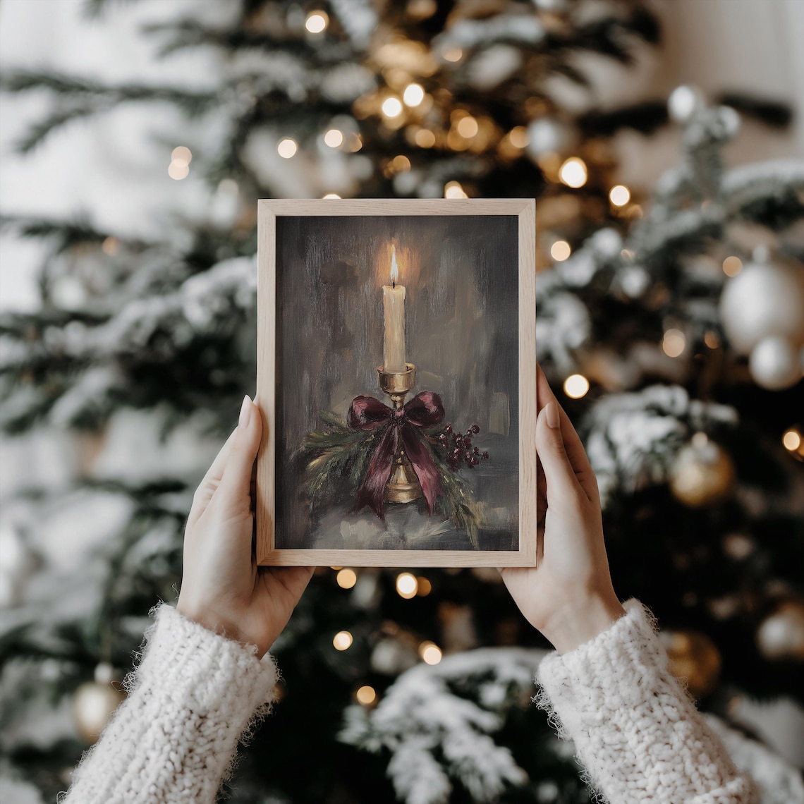 Vintage Christmas Candle Art Print, Rustic Holiday Decor - Image 2