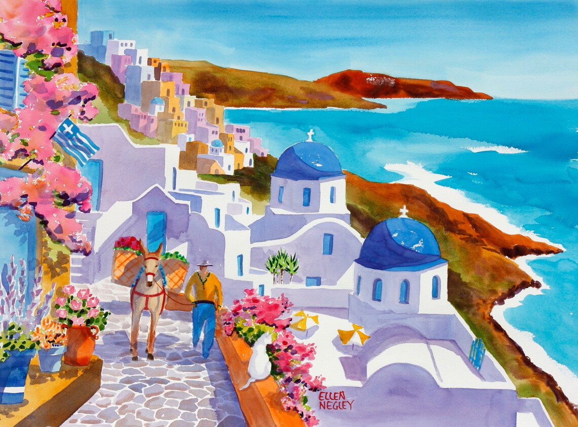 Santorini Cat Art Print, Greek Island Watercolor