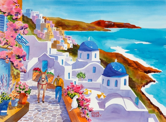 Santorini Cat Art Print, Greek Island Watercolor