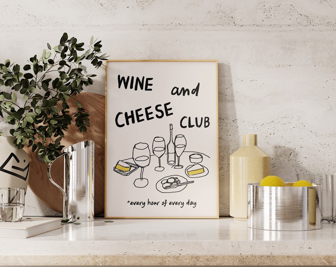 Wine And Cheese Club Funny Line Art Every Hour Quote Art Print - Image 6