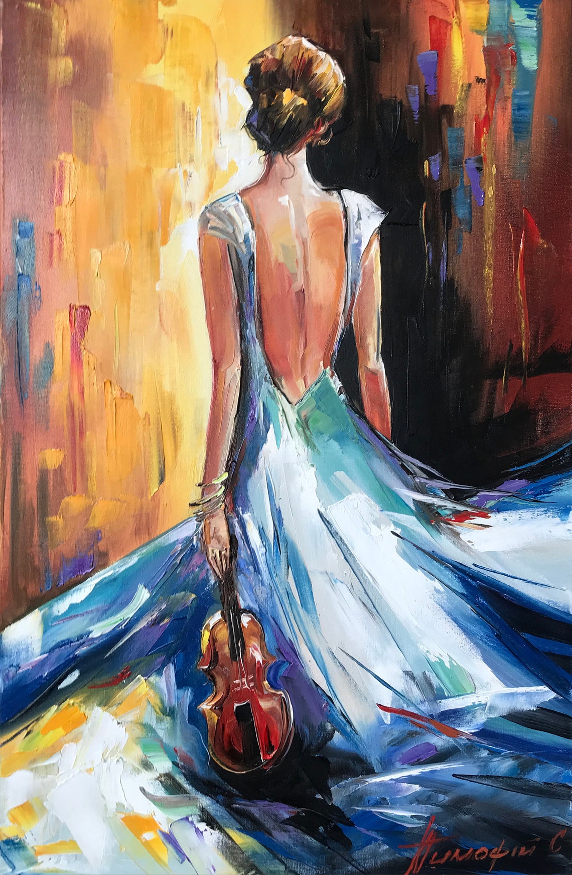 Elegant Woman Back Painting Silhouette Art With Background Violinist Gift Original Women Figure Oil Painting Modern Wall Art Music Gifts - Image 2