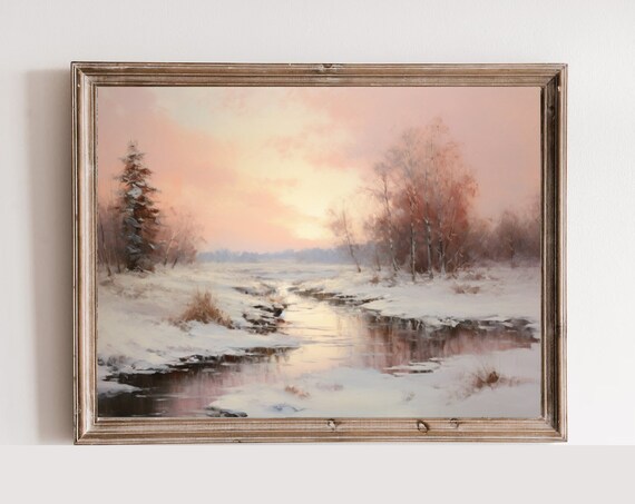 Snowy Winter Landscape Sunset Stream Impressionist Painting Poster