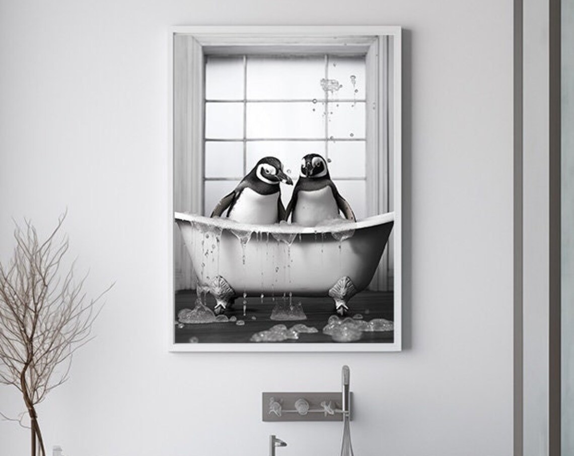 Two Penguins Splashing In Vintage Bathtub Funny Photo Poster
