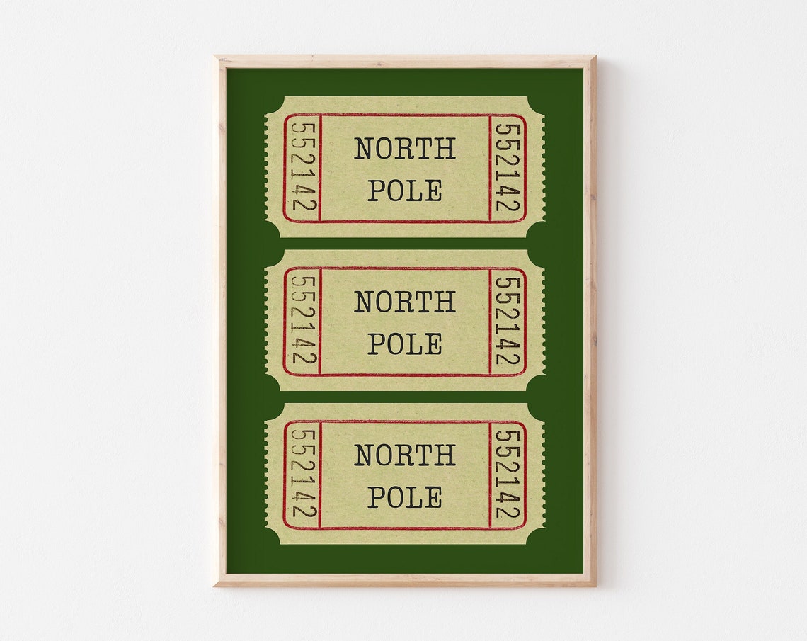 North Pole Vintage Ticket Stub Trio Green Retro Christmas Poster