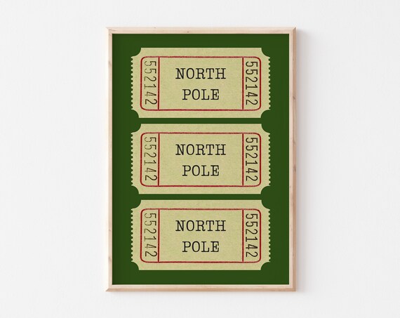 North Pole Vintage Ticket Stub Trio Green Retro Christmas Poster