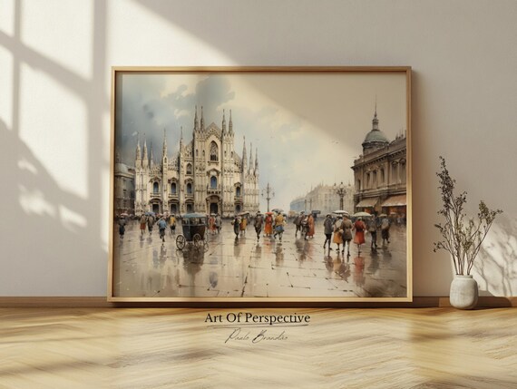 Vintage Milan Cityscape 19th Century Architecture Oil Painting