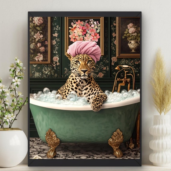Leopard In Bathtub Art Print, Safari Bathroom Decor