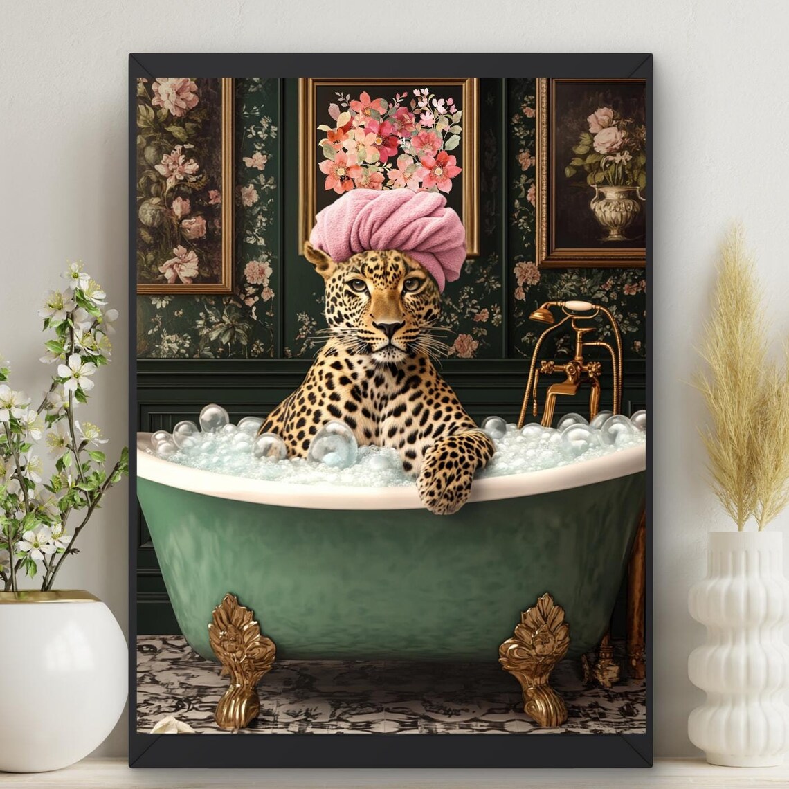 Leopard In Bathtub Art Print, Safari Bathroom Decor