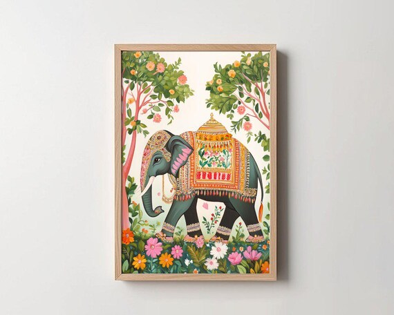 Decorated Indian Festival Elephant Flower Garden Folk Poster