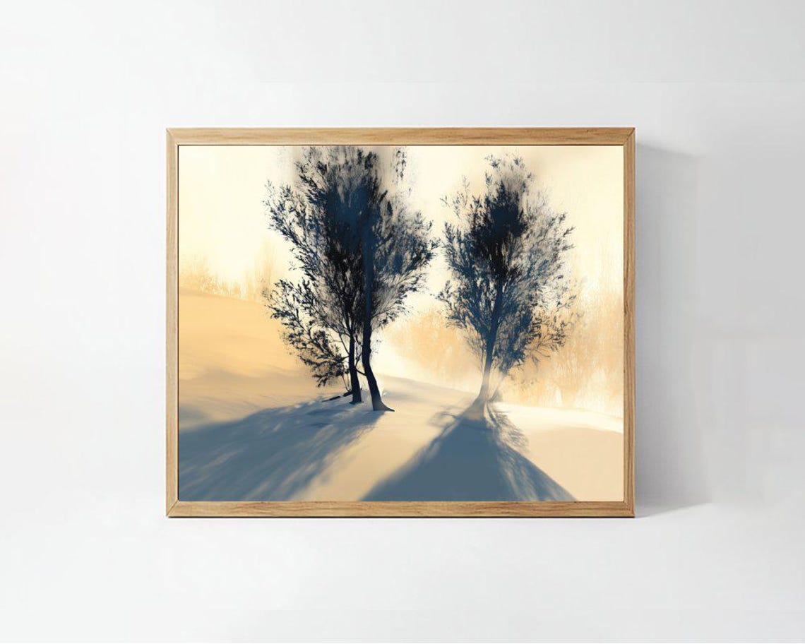 Two Trees in Snow at Golden Dawn Minimalist Winter Art Poster