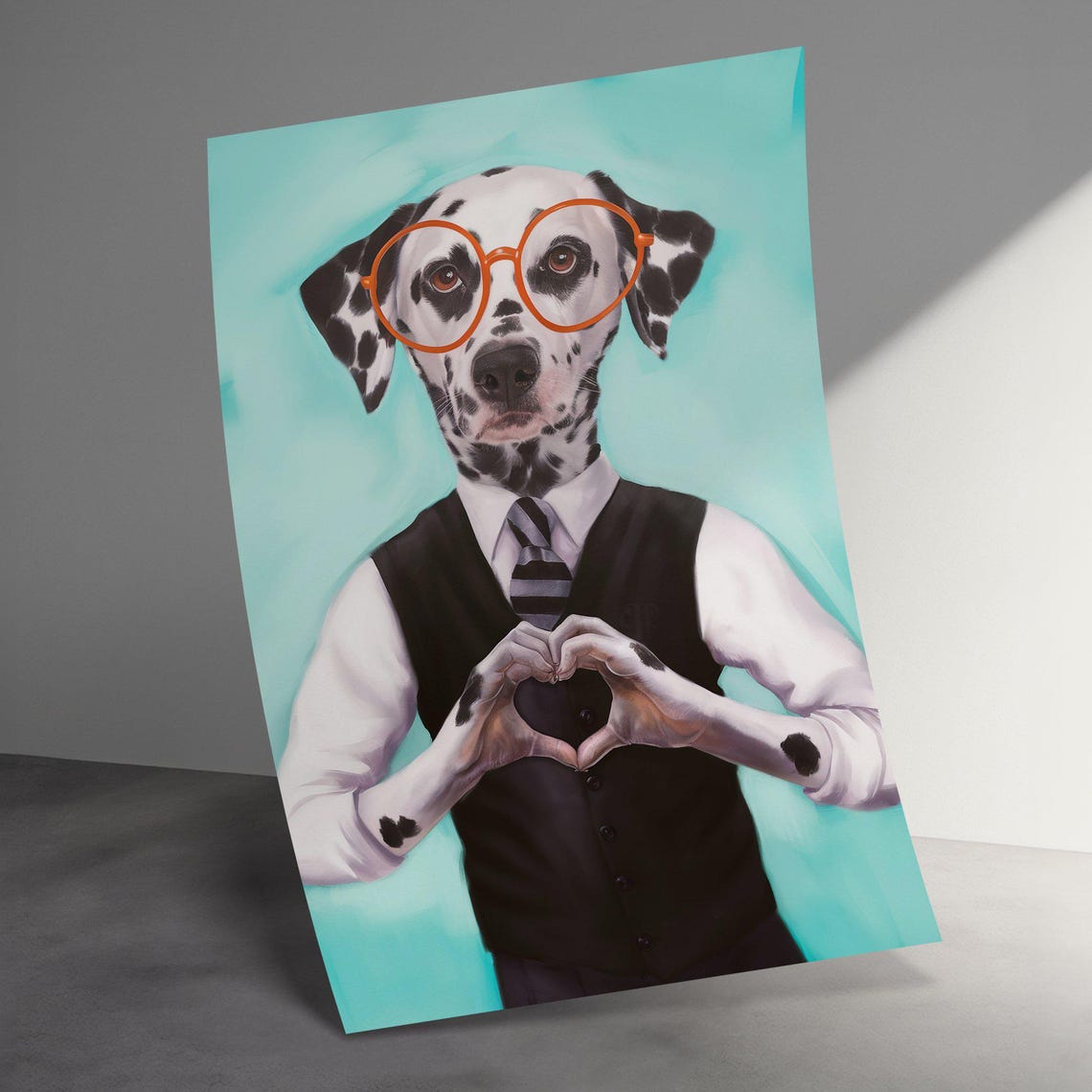 Dalmatian Dog in Vest and Glasses Making Heart Gesture Poster - Image 3