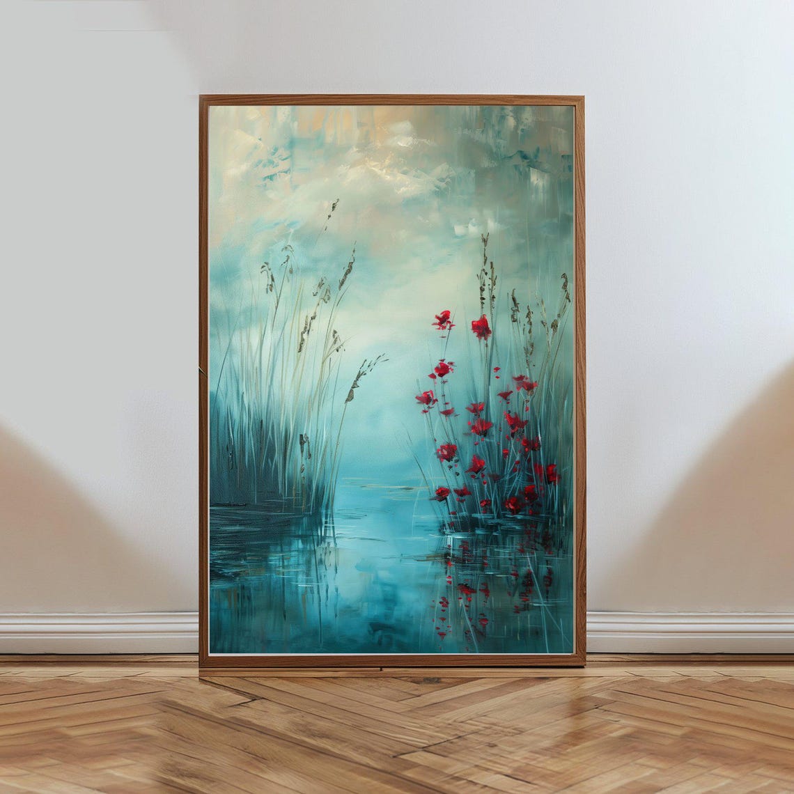 Misty Teal Lake Red Wildflowers Serene Impressionist Water Poster