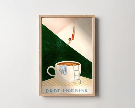 Surreal Coffee Art Print Diving Lady Wall Art Morning Coffee Poster Whimsical Swimming Pool Print