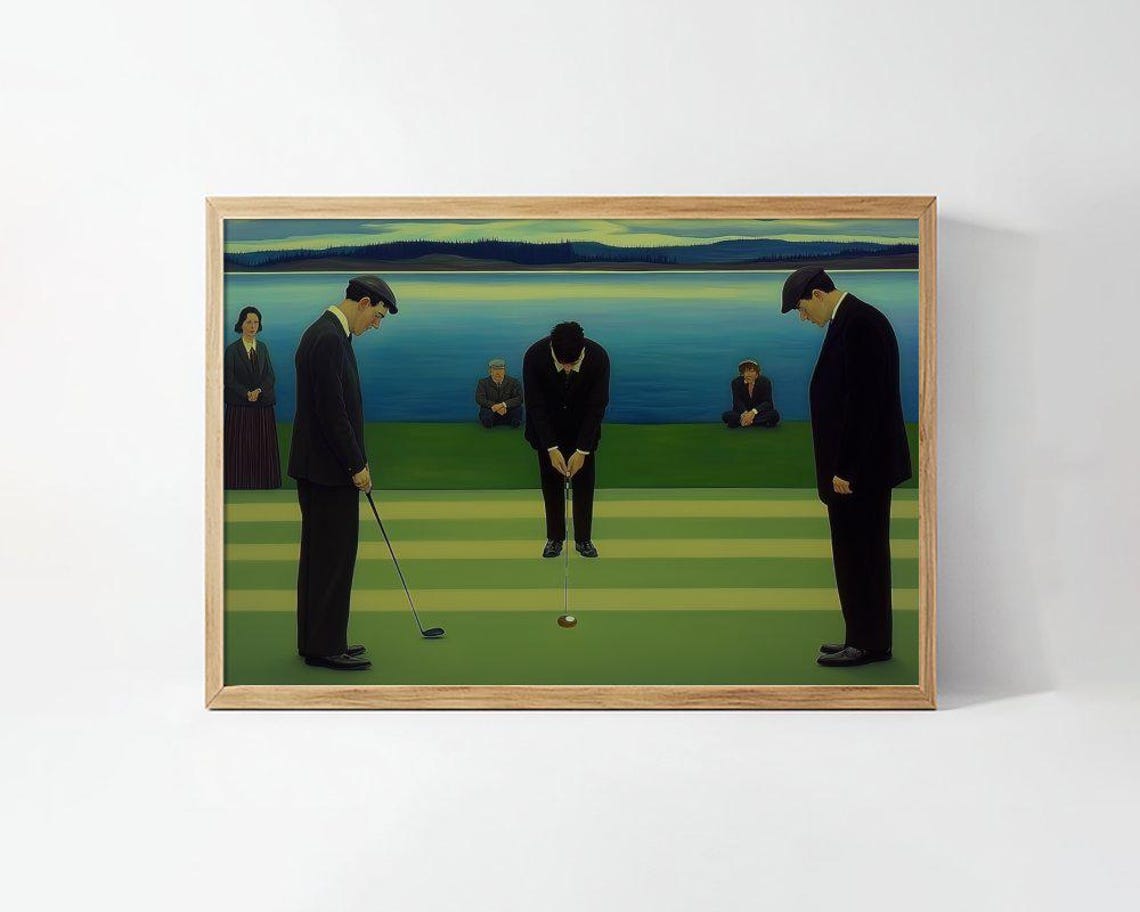 Vintage Golfers Putting by the Sea at Dusk Retro Golf Poster