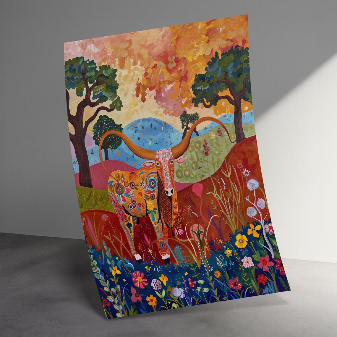 Whimsical Folk Art Texas Longhorn Bull Wildflower Garden Poster - Image 3