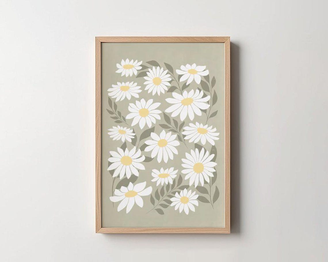 Minimalist White Daisies Sage Green Botanical Floral Art Poster