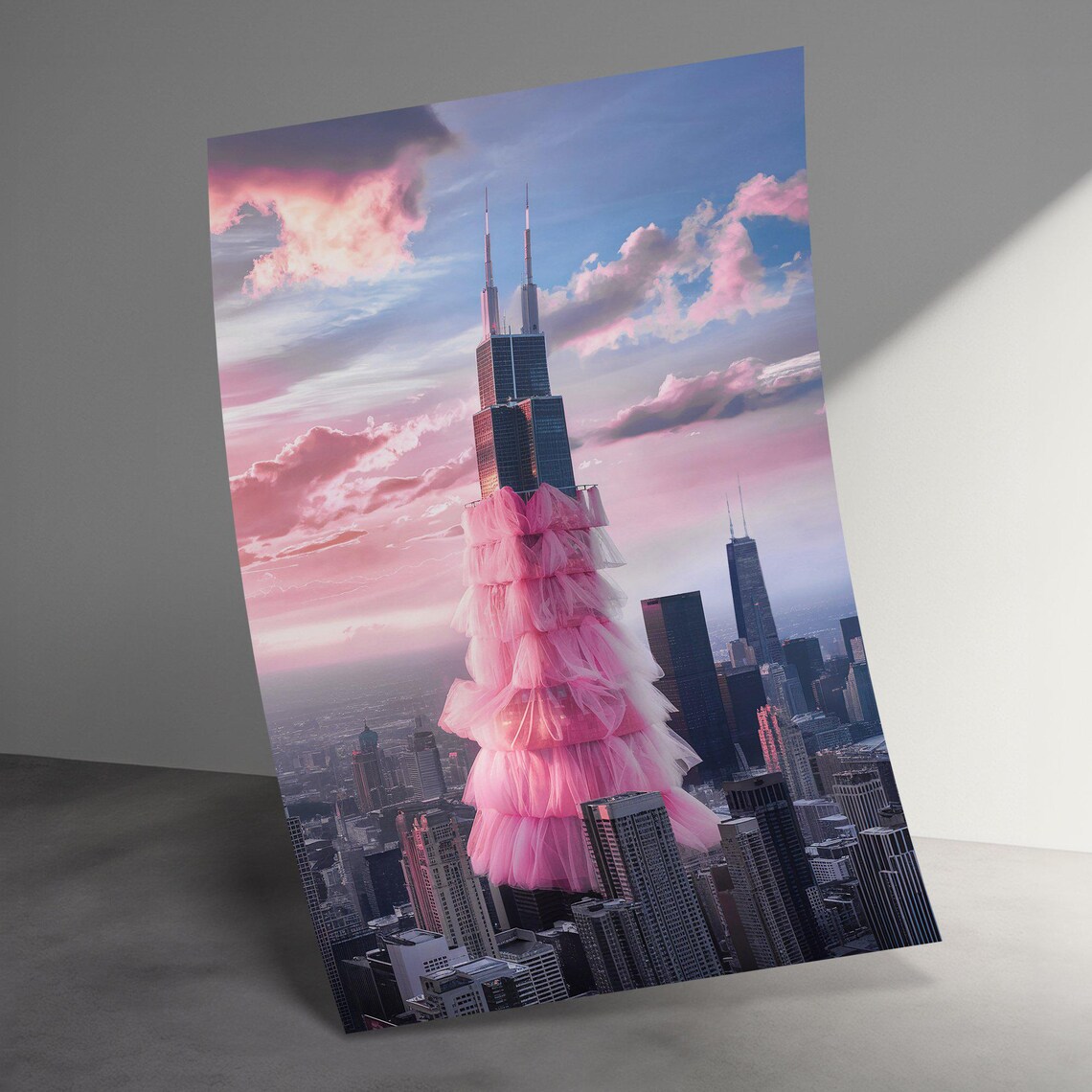 Chicago Tower Pink Gown Surreal Fashion Cityscape Sunset Poster - Image 3