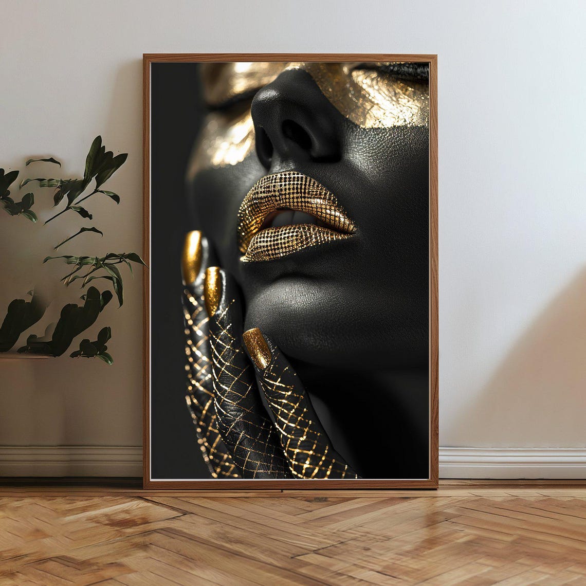 Black and Gold Woman Portrait Glam Gold Lips Luxury Art Poster