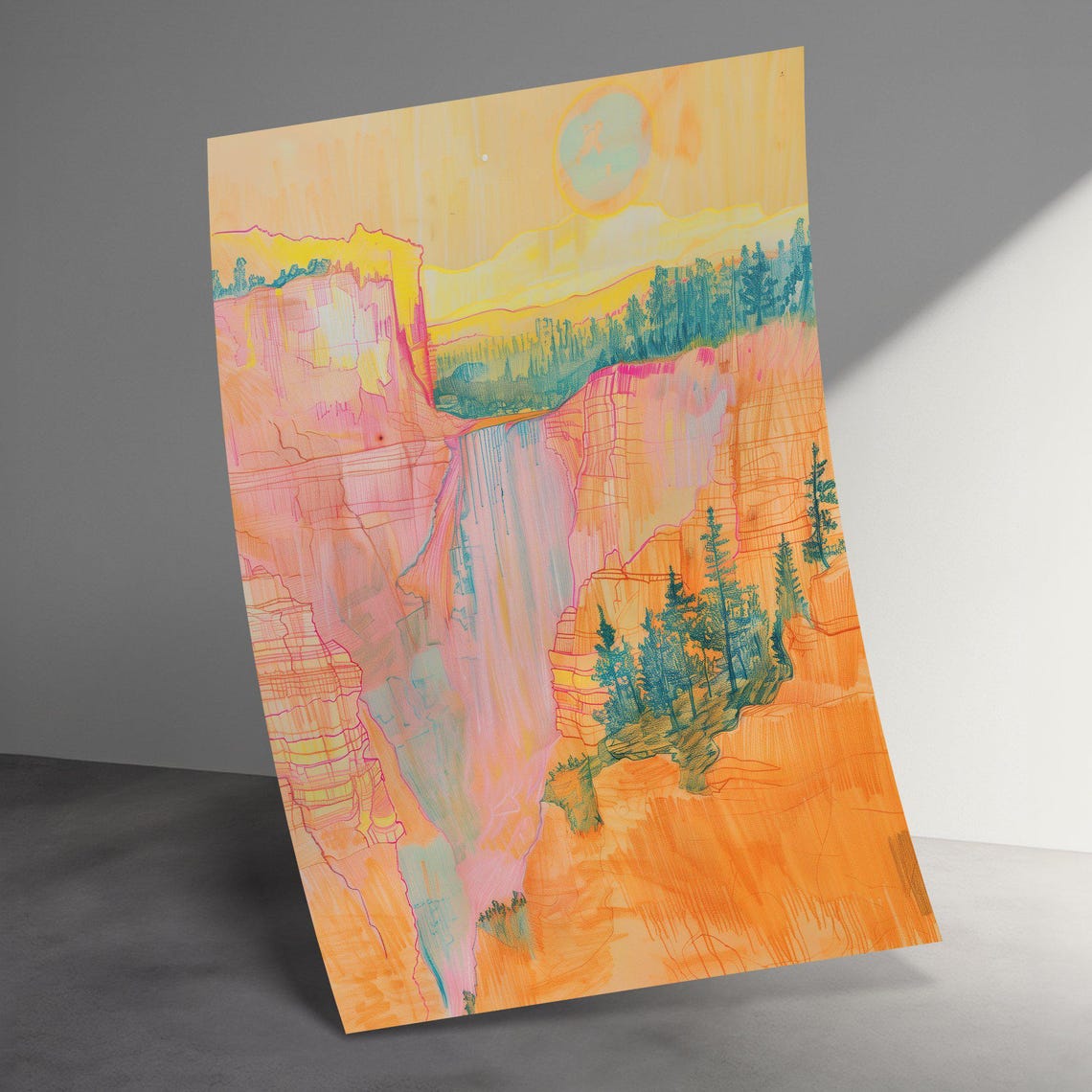Pastel Peach Canyon Waterfall Soft Line Art Landscape Poster - Image 3
