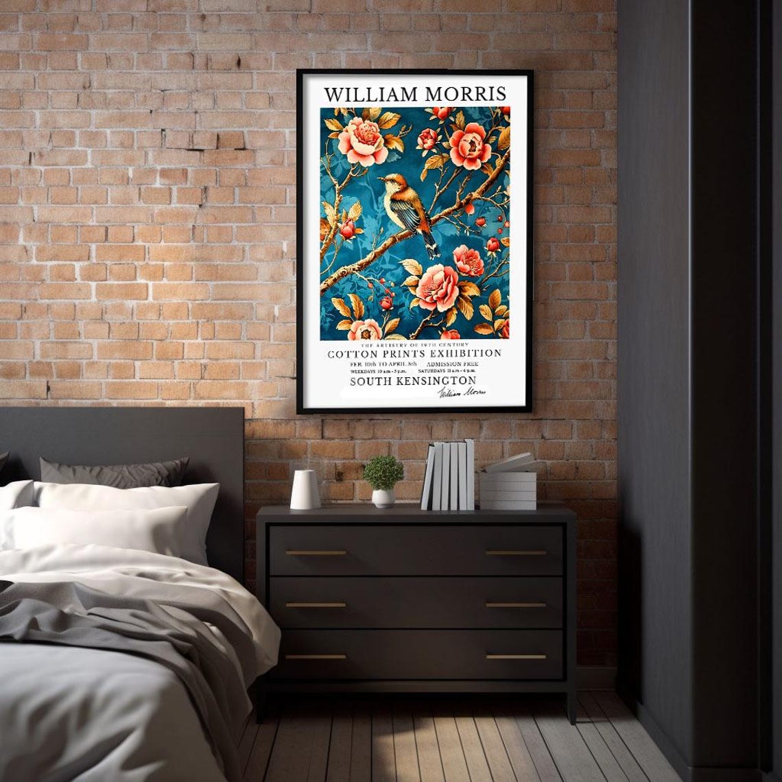 William Morris Songbird Blossom Teal Botanical Exhibition Poster - Image 2