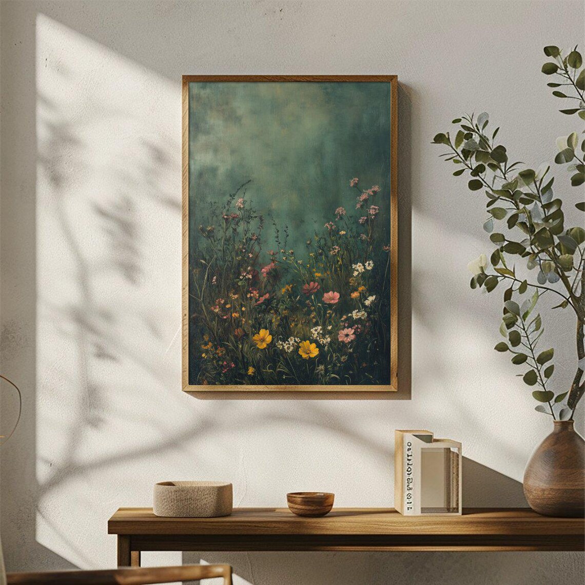 Vintage Wildflower Meadow Moody Teal Floral Painting Art Poster - Image 3