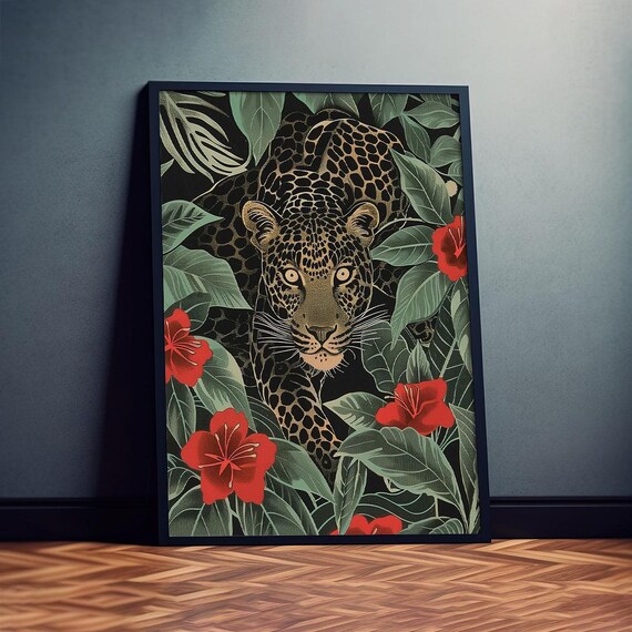 Leopard in the Jungle Red Flowers Tropical Wild Animal Poster