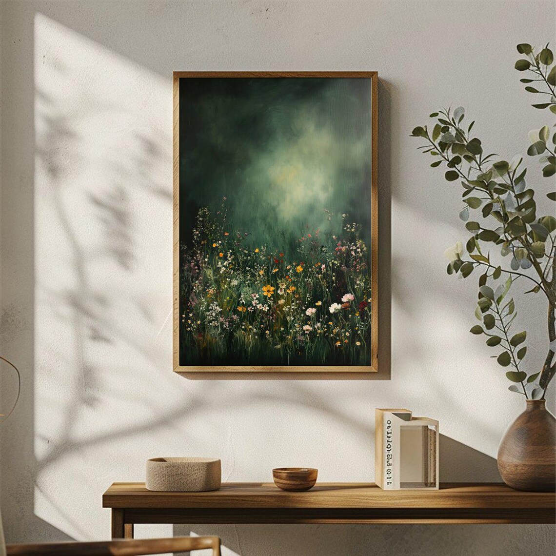 Moody Wildflower Meadow Against Dark Forest Green Art Poster - Image 3