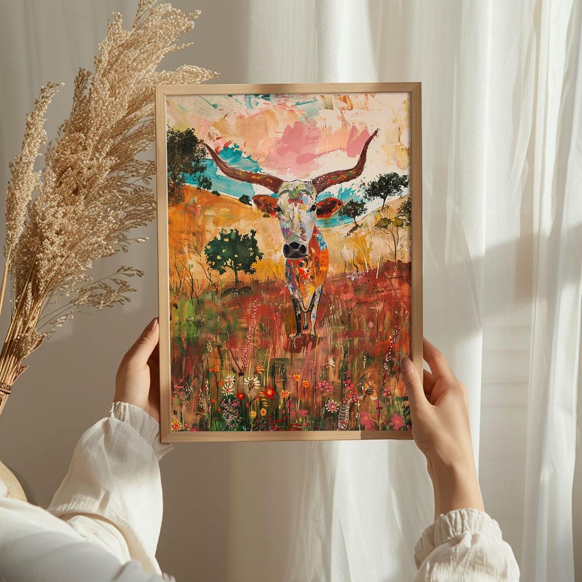 Colorful Longhorn Cow Wildflower Prairie Sunset Painting Poster - Image 3