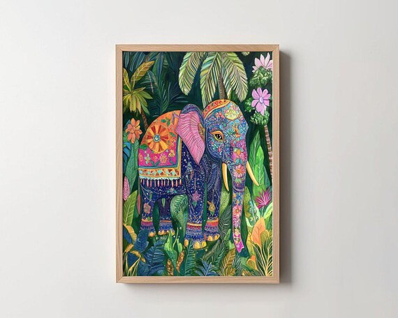 Colorful Boho Elephant Jungle Folk Illustration Artwork Poster