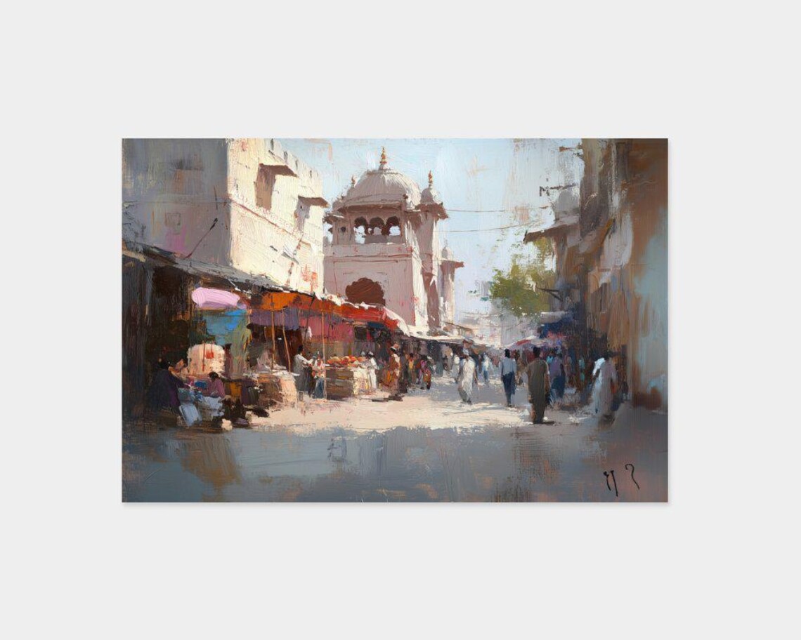 Indian Street Market White Temple Watercolor Travel Art Poster - Image 2