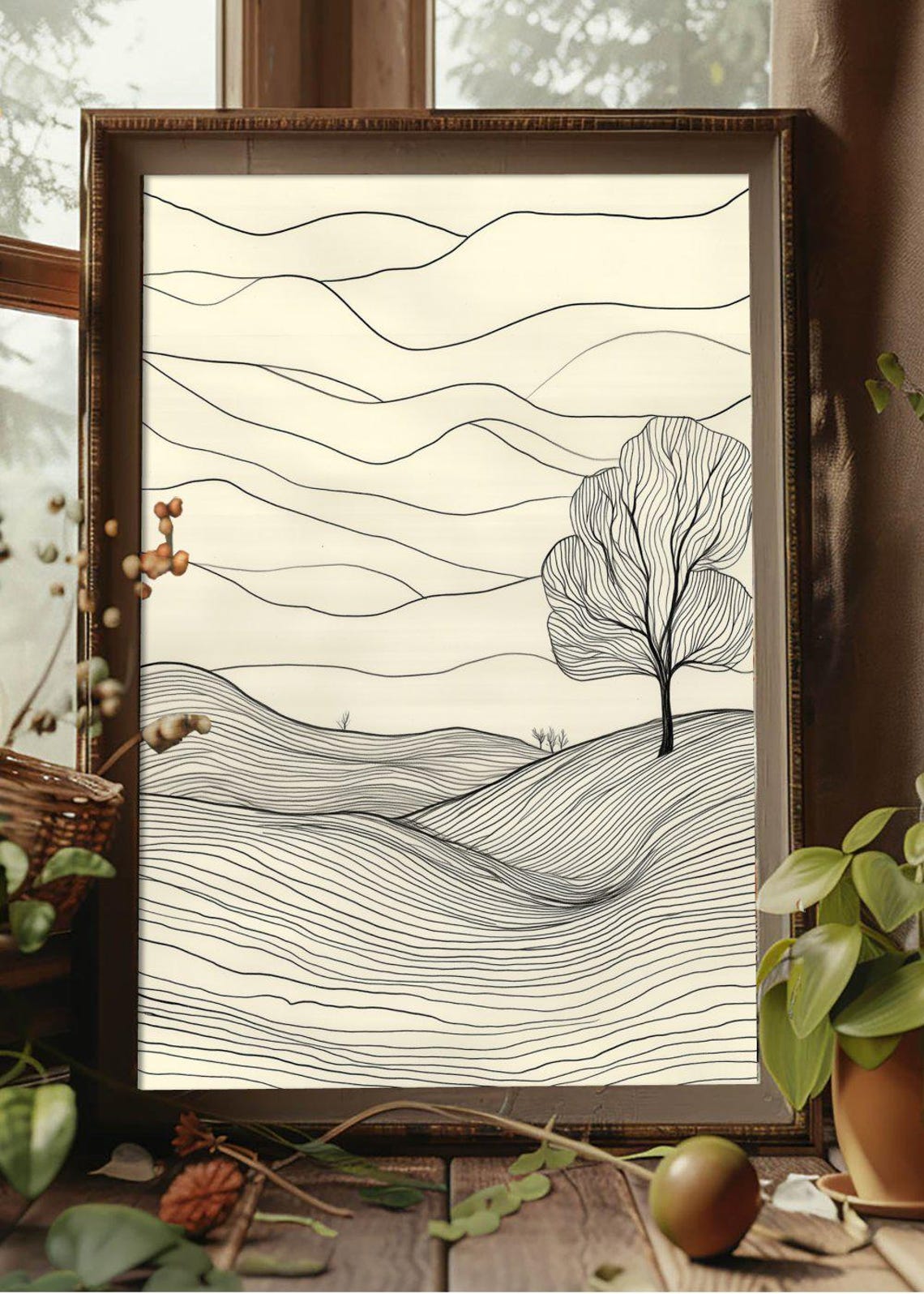 Lone Tree Line Art Rolling Hills Minimalist Ink Landscape Poster - Image 2