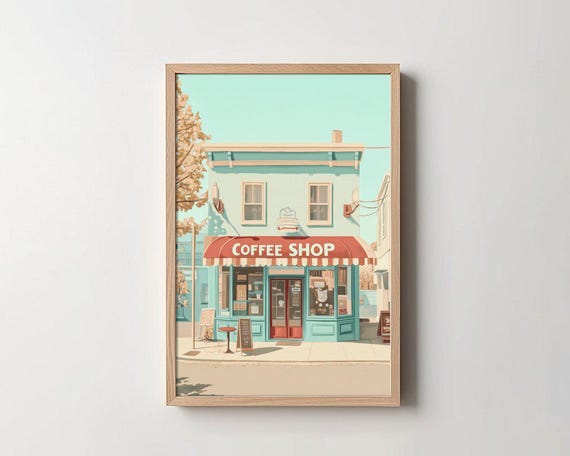 Vintage Coffee Shop Print Retro Cafe Art Charming Street Scene Wall Art Colorful Cafe Illustration Home Decor Poster
