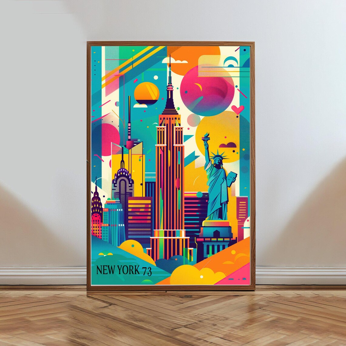 Colorful Vibrant Retro New York 73 Pop Art City Skyline Travel Poster