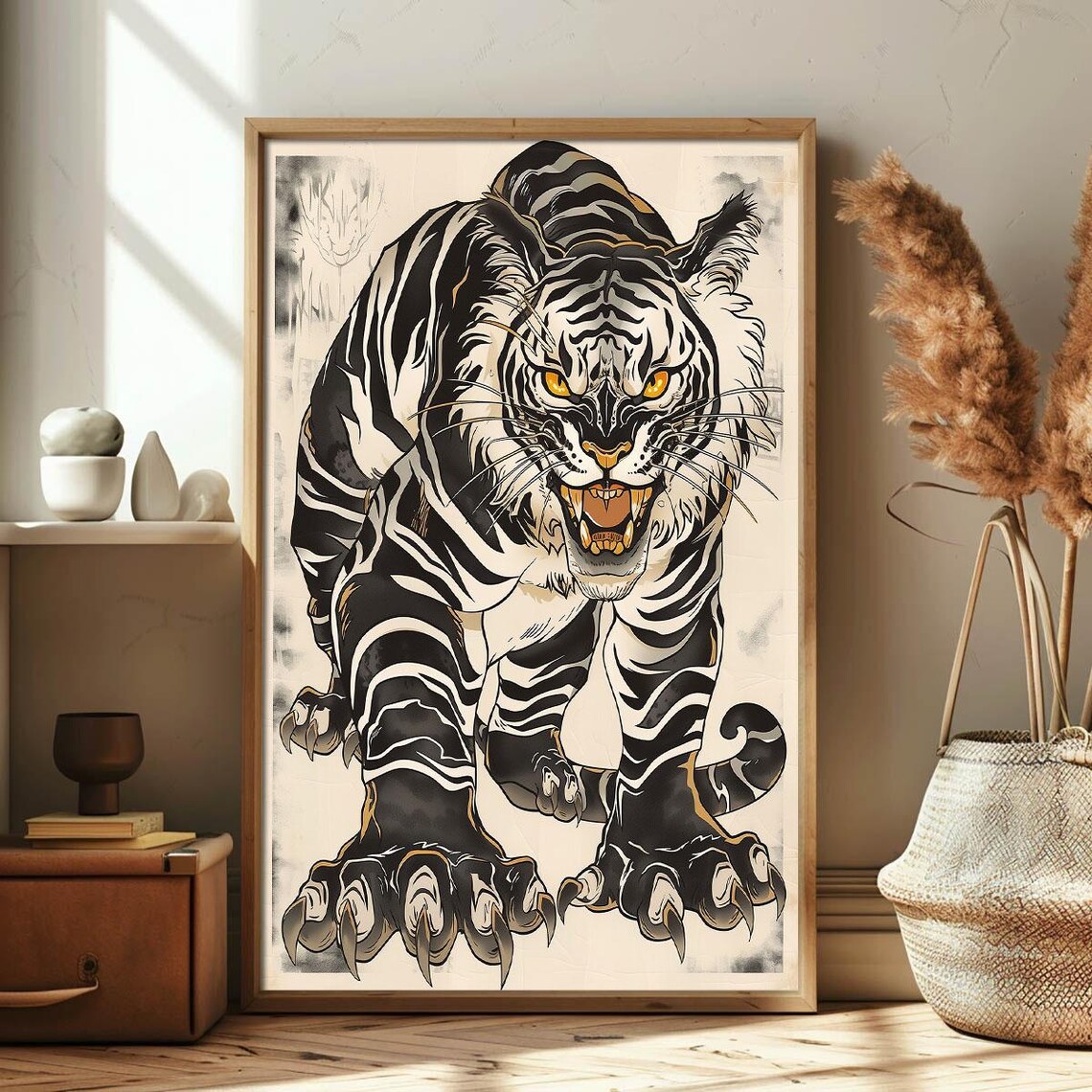 Japanese Tiger Retro Ink Art Fierce Prowling Wild Animal Poster - Image 3