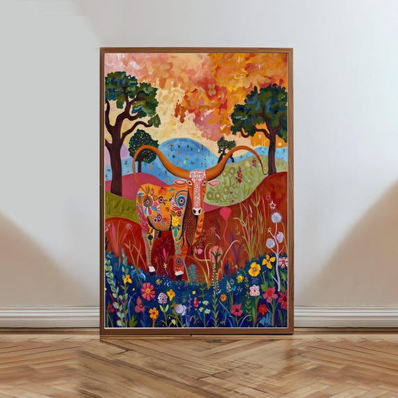 Colorful Bull Art Print Vibrant Animal Wall Decor Modern Farmhouse Decor Wildlife Colorful Home Art Nature Scene