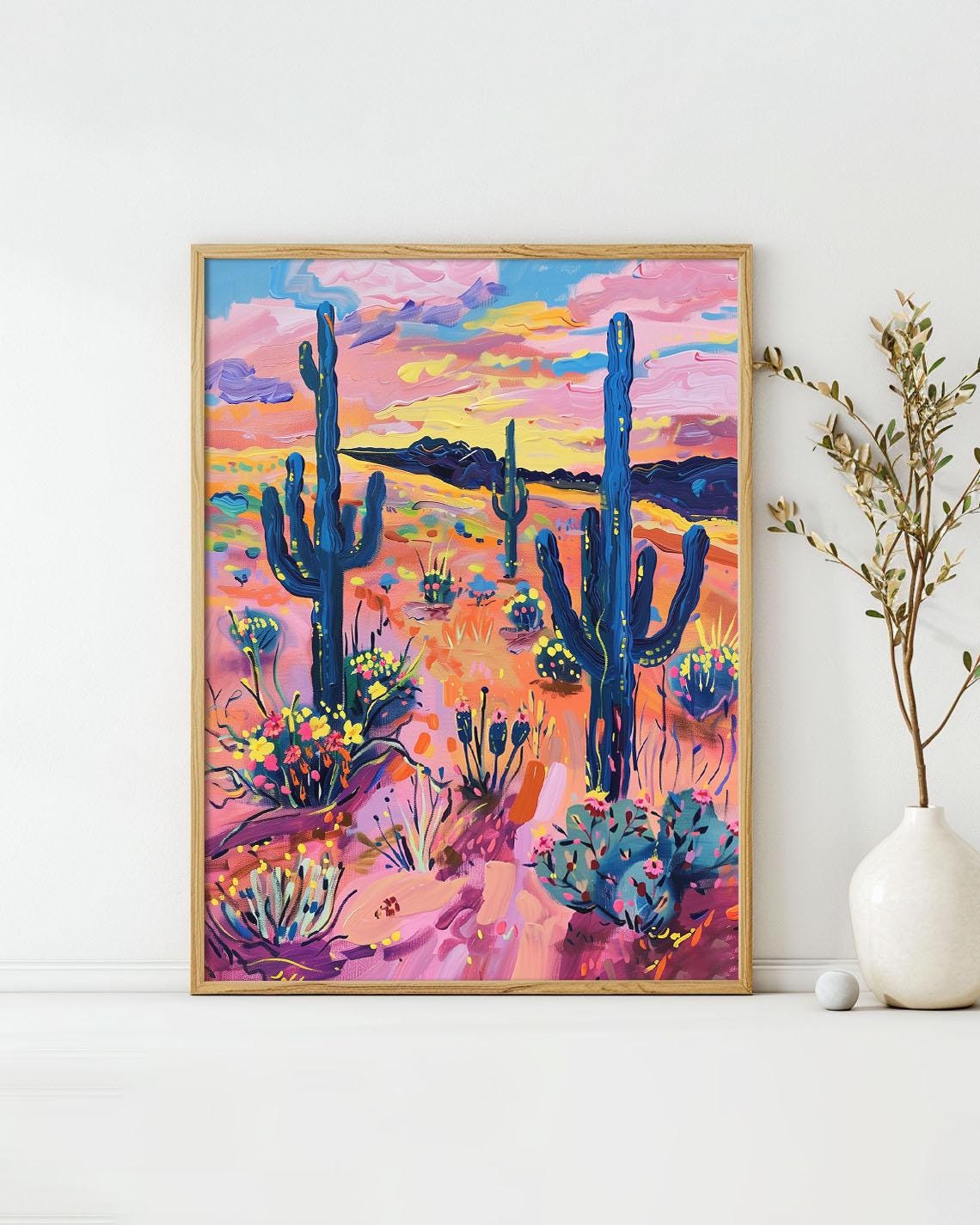 Vibrant Saguaro Cactus Desert Sunset Dusk Landscape Painting Poster
