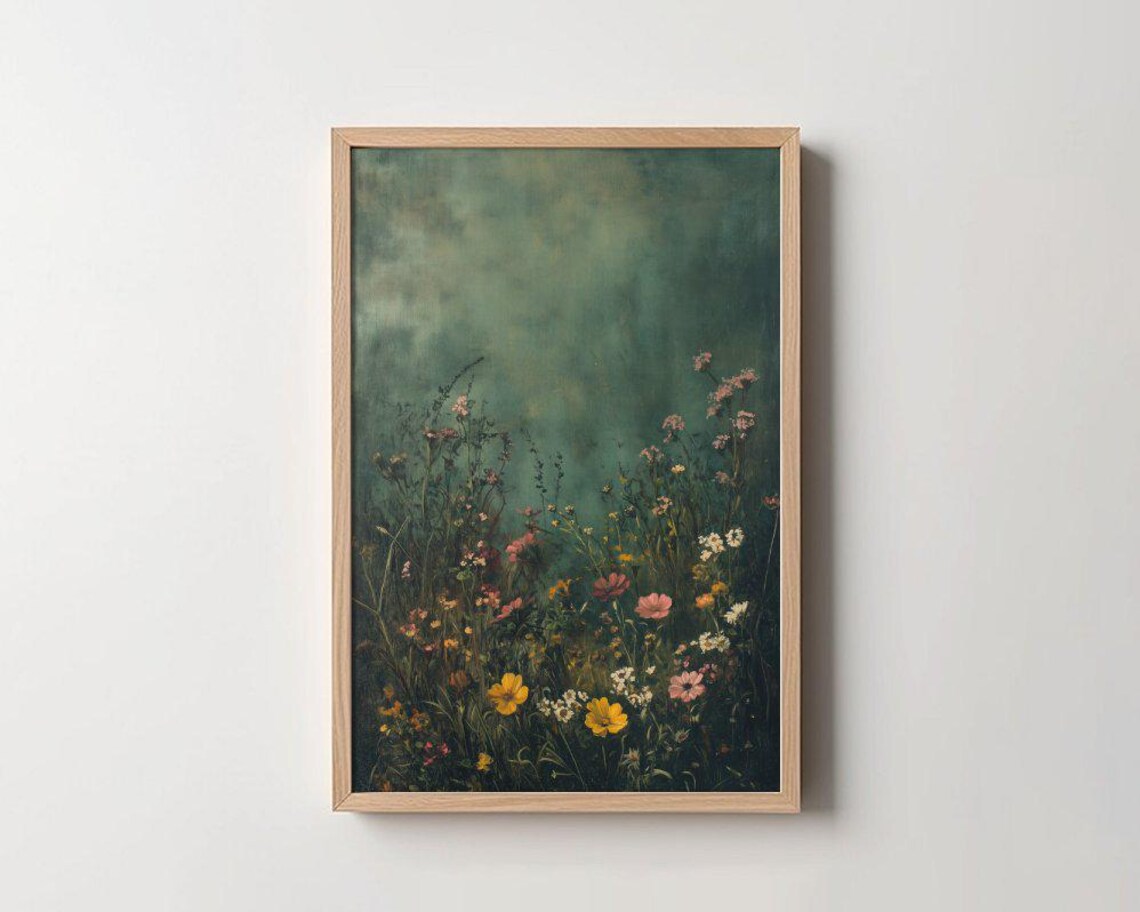 Vintage Wildflower Meadow Moody Teal Floral Painting Art Poster