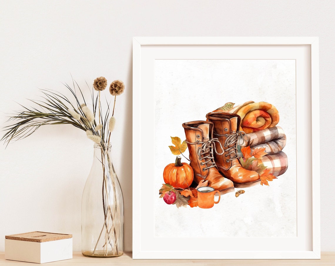 Autumn Boots Blankets and Pumpkin Cozy Fall Still Life Wall Art - Image 3