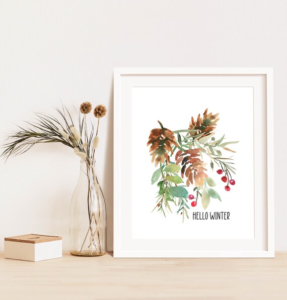Hello Winter Pine Cone Eucalyptus Berry Watercolor Botanical Poster