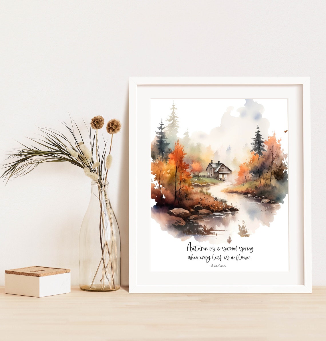 Autumn Is A Second Spring Camus Quote Cabin Watercolor Poster - Image 3