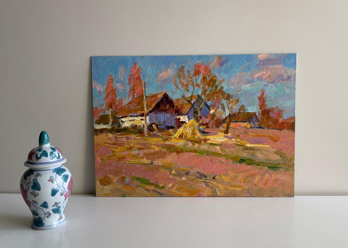 Rural Village Wooden House Haystack Autumn Impressionist Oil Painting