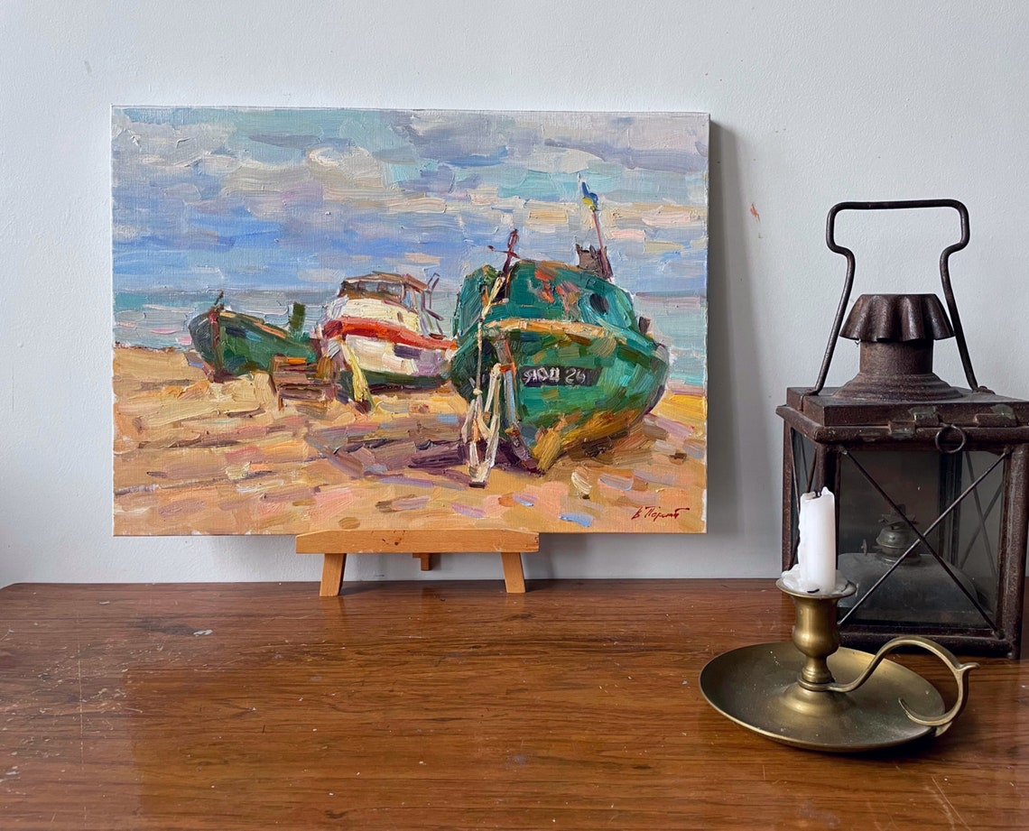 Colorful Fishing Boats Beach Sea Impressionist Oil Painting Coastal - Image 5