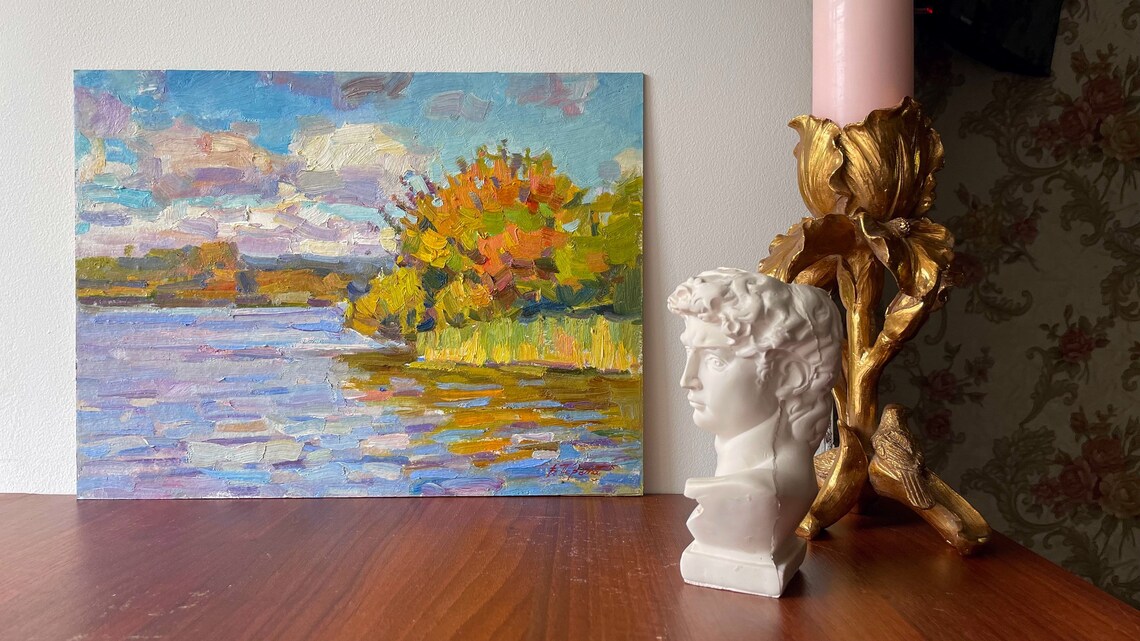 Autumn Riverbank Golden Trees Blue Water Oil Painting Landscape Art - Image 5