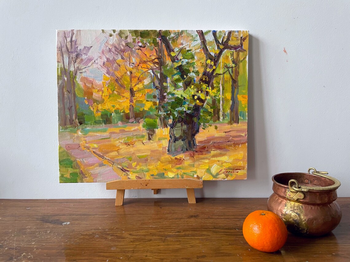 Autumn Park Old Tree Golden Leaves Path Impressionist Oil Painting Art - Image 5