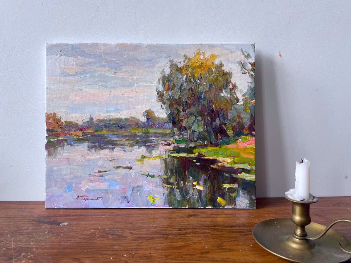 River Tree Reflection Pink Water Impressionist Oil Painting Landscape - Image 4