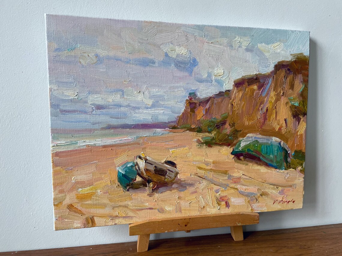 Beach Cliffs Fishing Boats Seaside Impressionist Oil Painting Art - Image 2