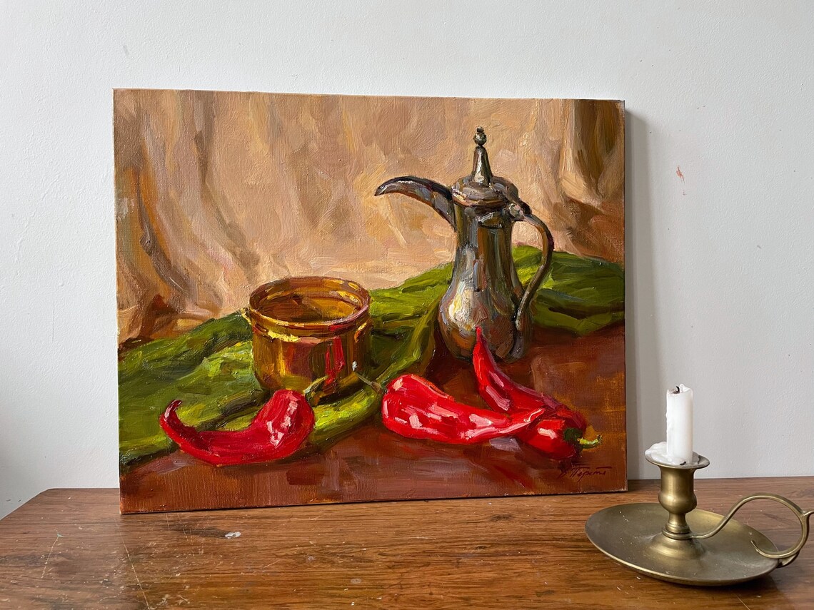 Red Chili Peppers Brass Still Life Kitchen Oil Painting Wall Art - Image 4
