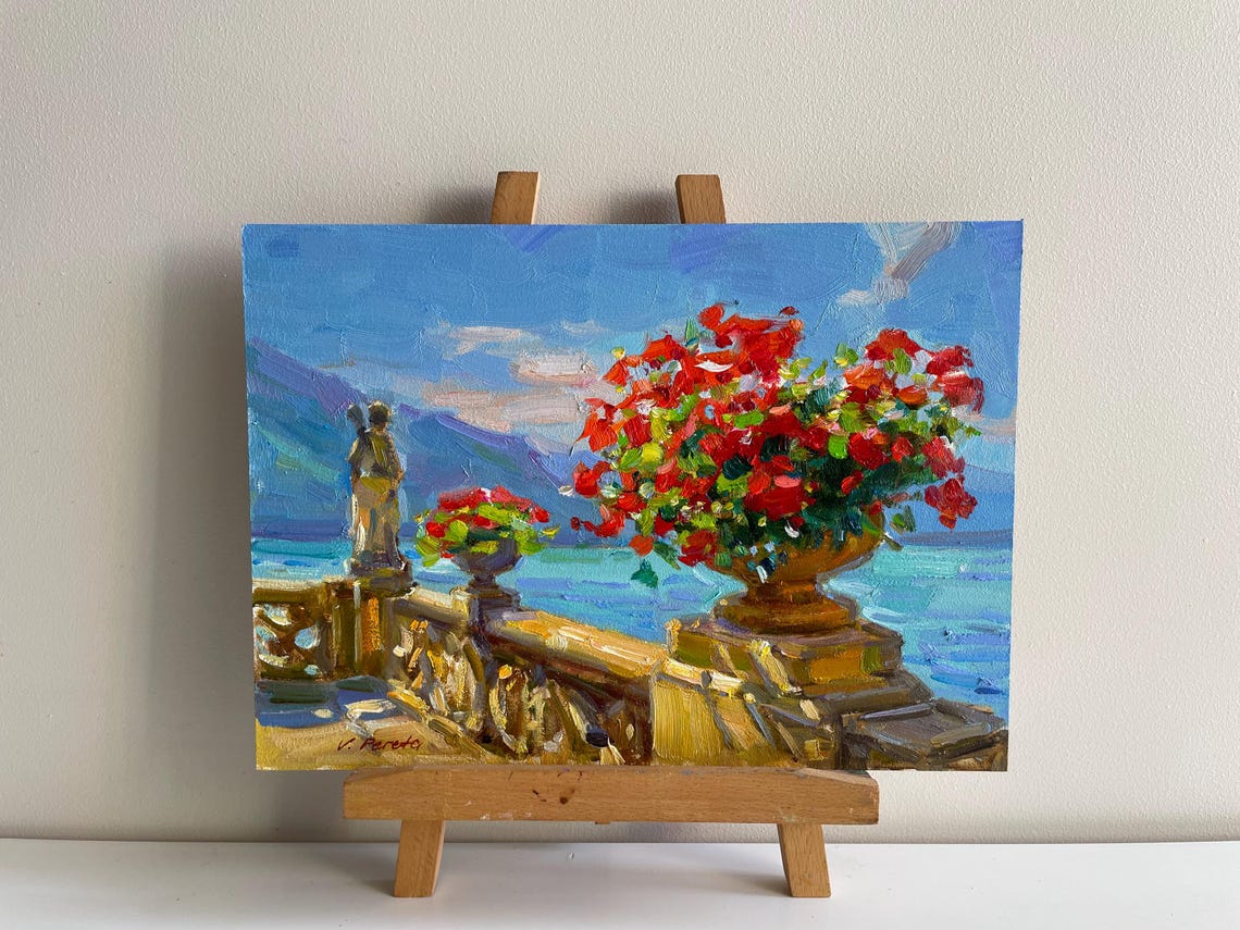 Mediterranean Terrace Red Geraniums Sea View Oil Painting Coastal Art