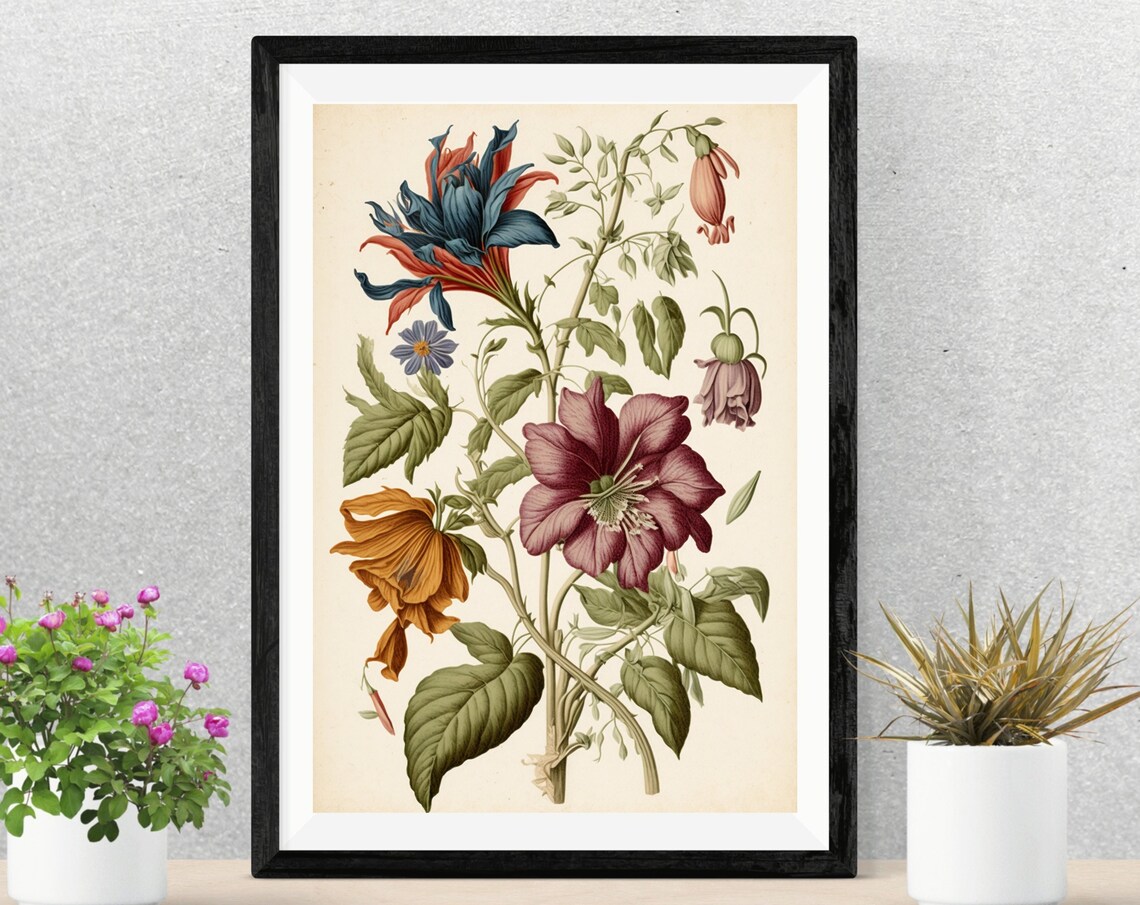 Antique Botanical Floral Study Cream Vintage Illustration Print